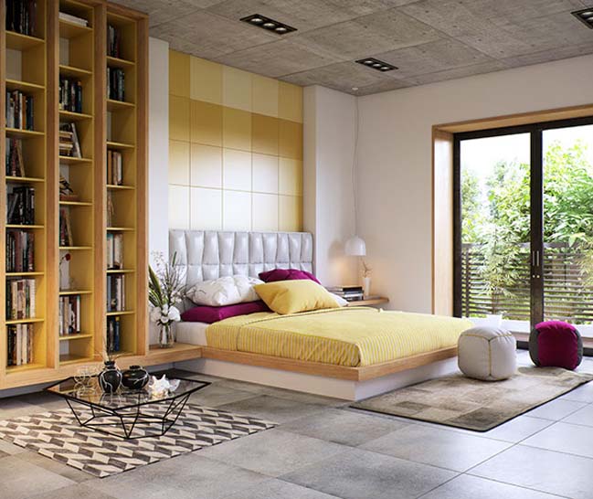 Modern bedroom design with yellow tone