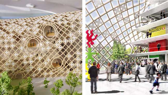 Wood architecture for Swatch and Omega by Shigeru Ban