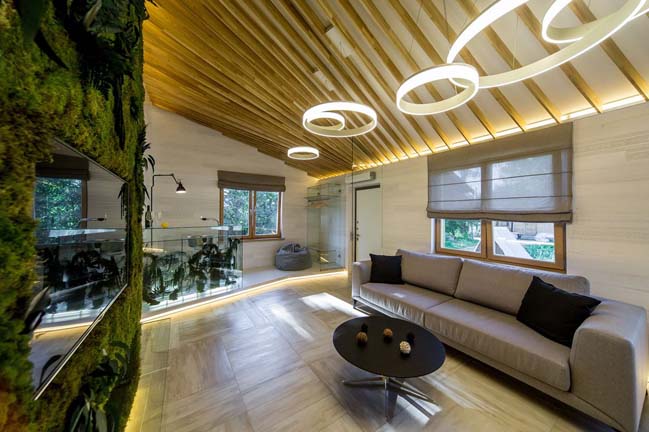 Living room interior with glass and green wall
