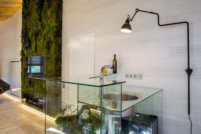 Living room interior with glass and green wall