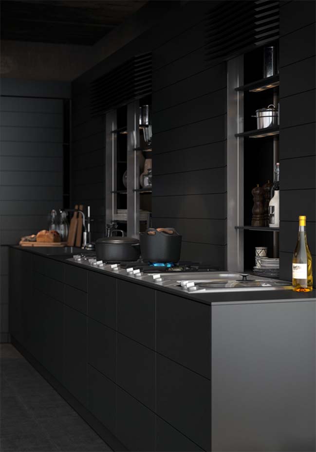 Kitchen design in black tones